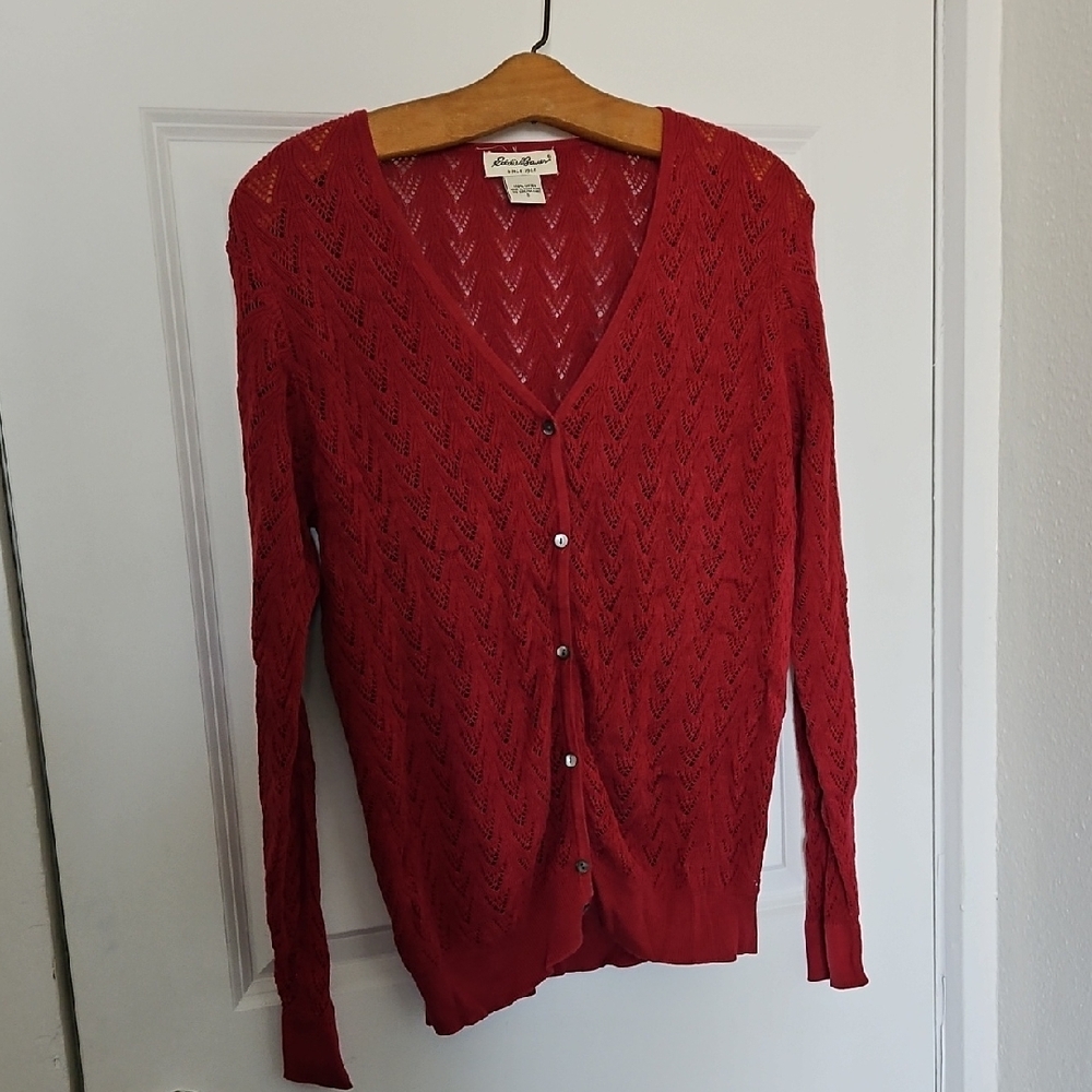 Eddie Bauer Red Cardigan Sweater V-Neck Lightweight Size S (AB)